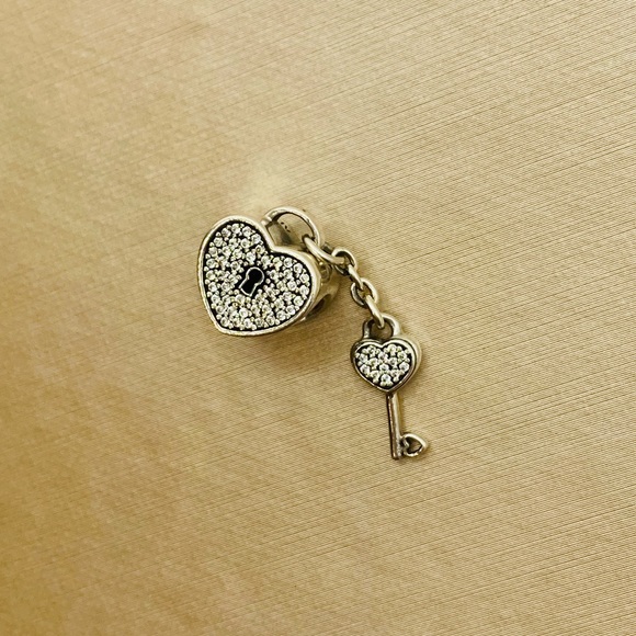 EUC Pandora 791429CZ Sterling Silver Lock of Love Heart Dangle Charm w/ CZ’s - Picture 3 of 9